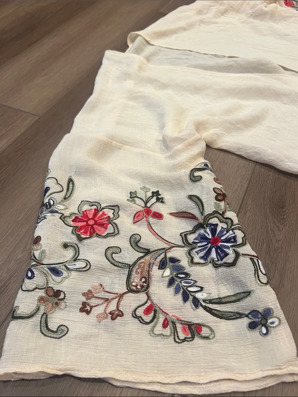 Cream Sheer Floral Embroidered Open-Front Women's Kimono Coverup Boho Beach - Picture 8 of 11